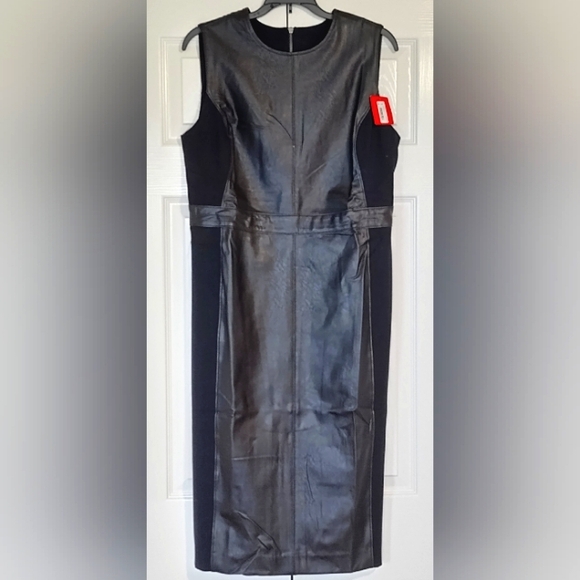 SPANX Faux Leather Combo Fitted Sheath Stretch Dress Luxe Black Size Large - Picture 1 of 13